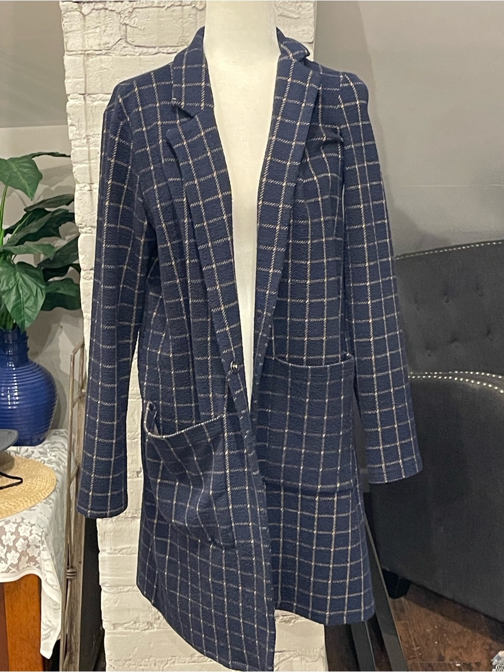 Checked Open-Front Navy Blazer Jacket